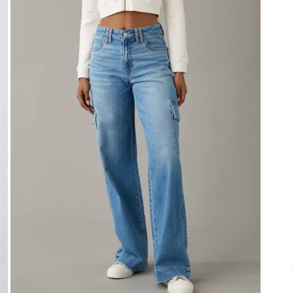NWOT American Eagle AE Super High-Waisted Cargo Wide-Leg Jean 12 x-long